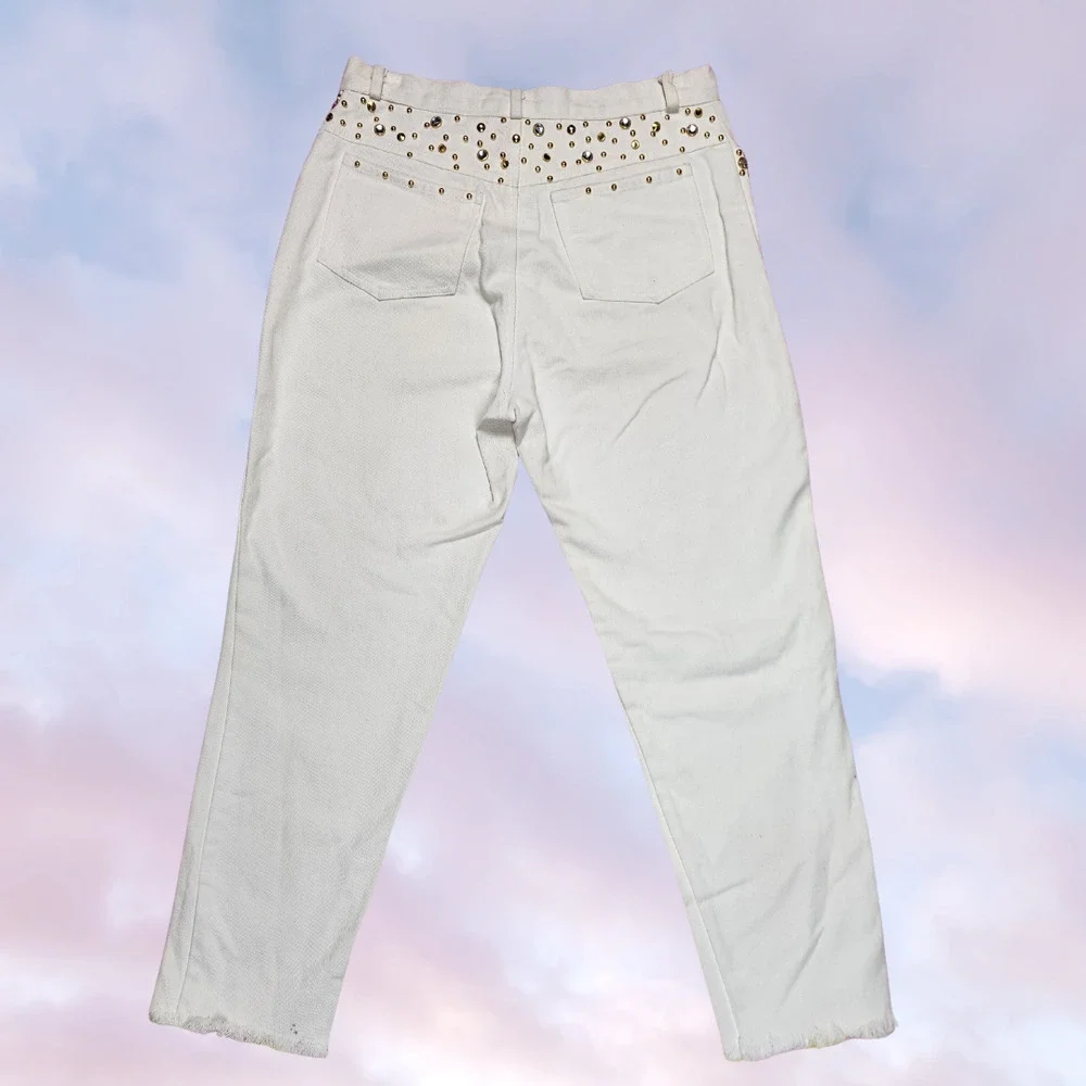Vtg 80s Bebe Sport Hawaii  White Denim Gold Studded Rhinestone High Waist Jeans - Picture 2 of 6